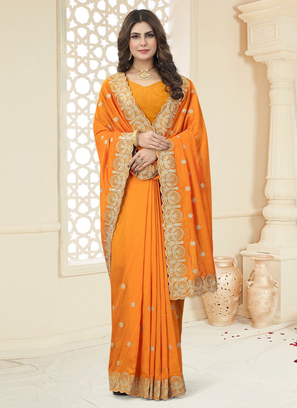 Contemporary Vichitra Silk Orange Cut Work Saree