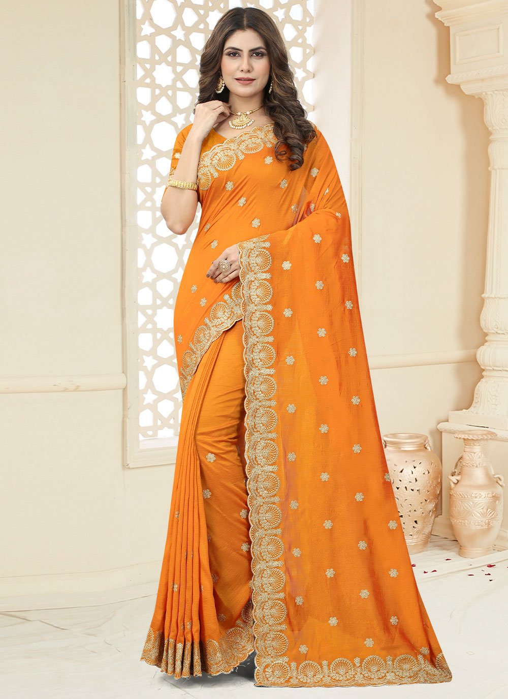 Contemporary Vichitra Silk Orange Cut Work Saree