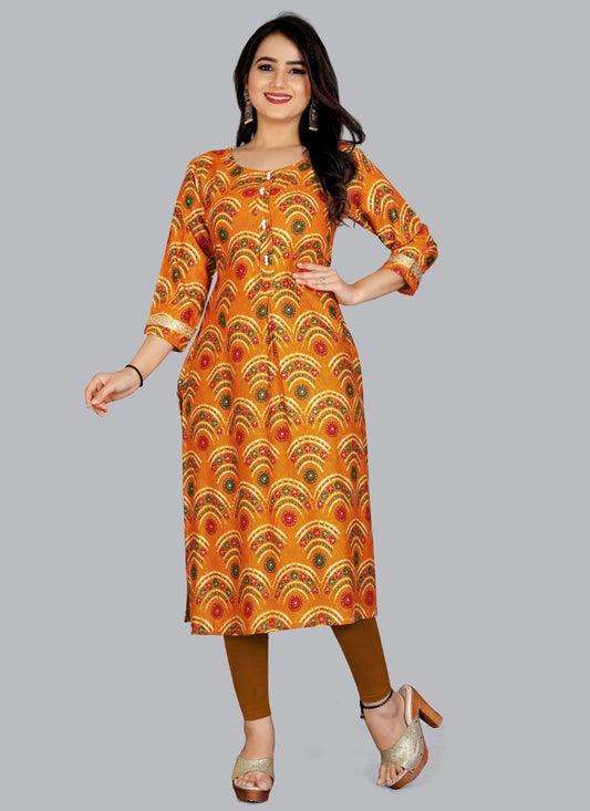 Party Wear Kurti Rayon Viscose Orange Foil Print Kurtis