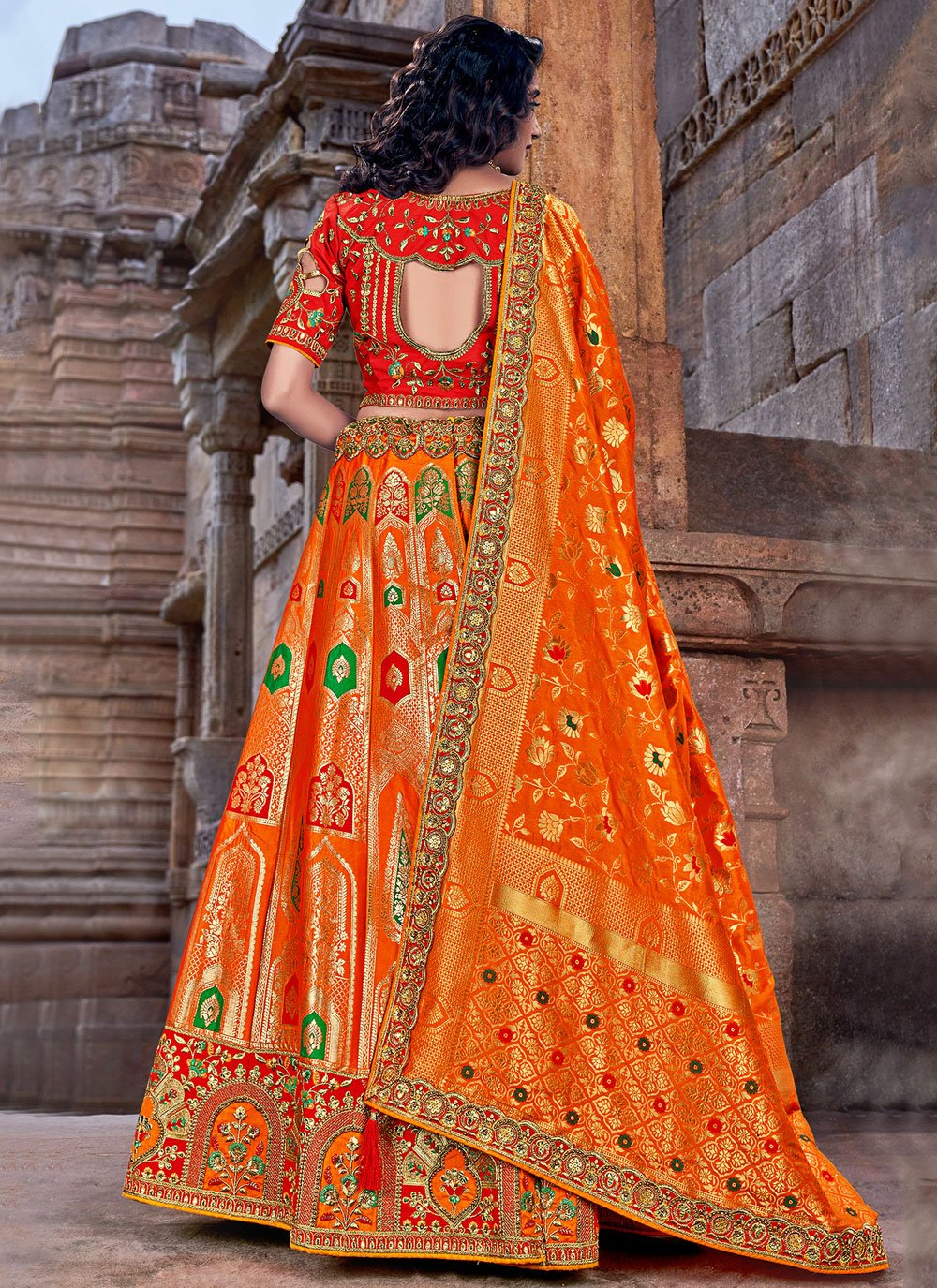 Lehenga Choli Banarasi Silk Orange Embroidered Lehenga Choli