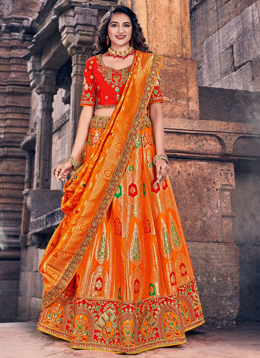 Lehenga Choli Banarasi Silk Orange Embroidered Lehenga Choli