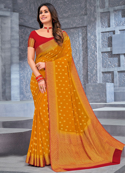 Contemporary Chiffon Viscose Orange Weaving Saree