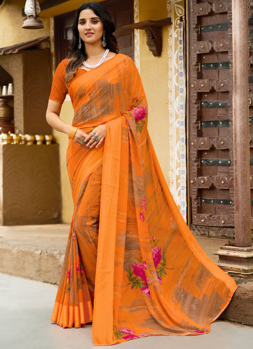 Classic Georgette Orange Patch Border Saree