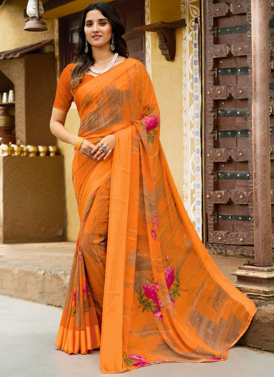 Classic Georgette Orange Patch Border Saree