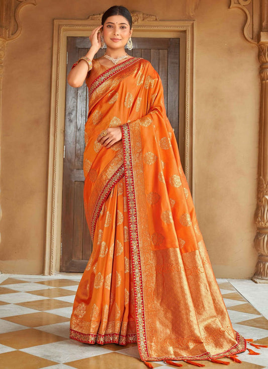 Contemporary Banarasi Silk Orange Weaving Saree