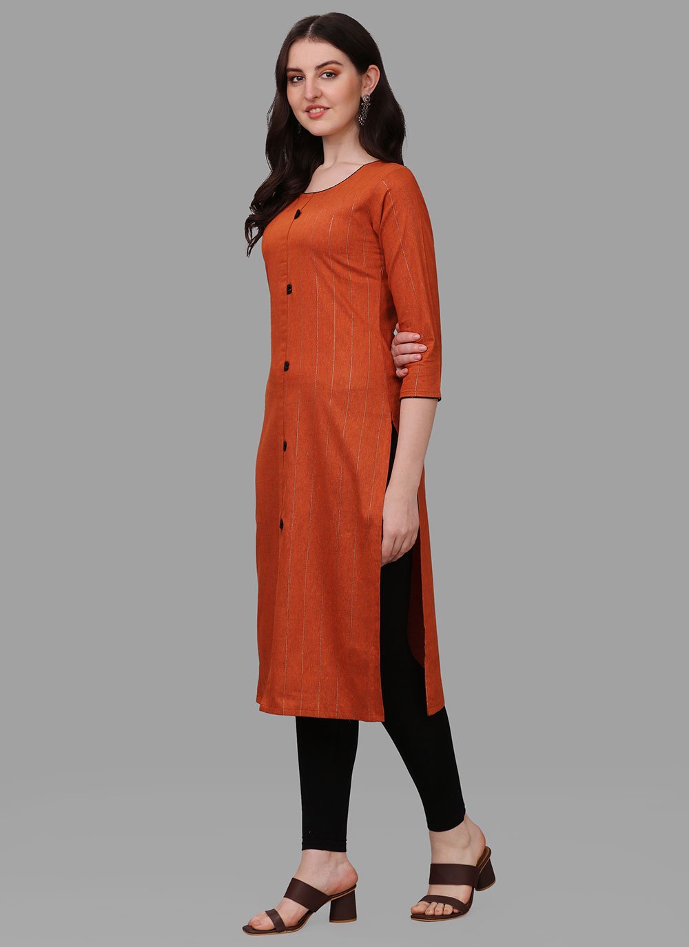 Casual Kurti Cotton Orange Weaving Kurtis