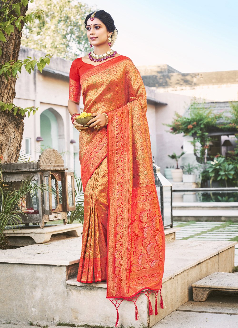 Traditional Saree Kanjivaram Silk Orange Weaving Saree