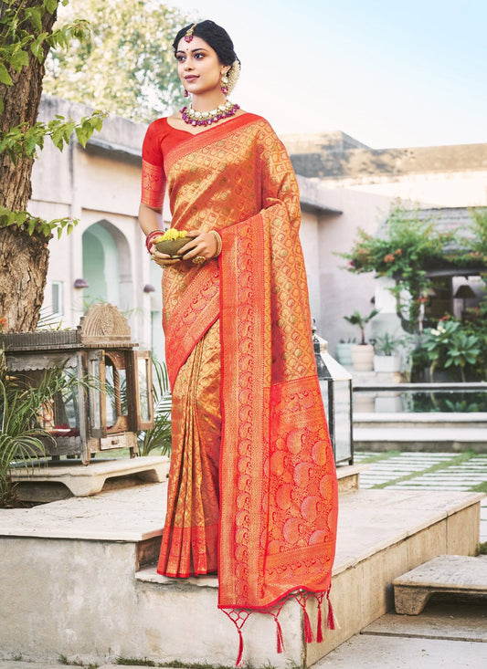 Traditional Saree Kanjivaram Silk Orange Weaving Saree