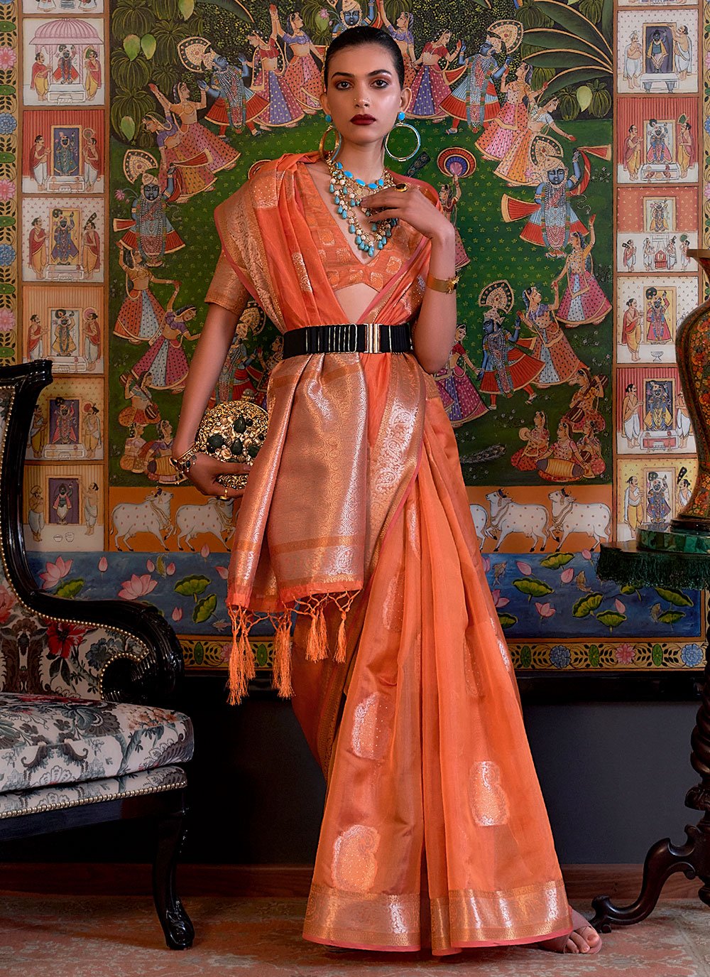 Contemporary Organza Orange Weaving Saree