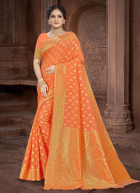 Trendy Saree Cotton Orange Weaving Saree