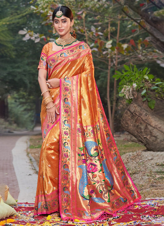 Traditional Saree Silk Orange Weaving Saree