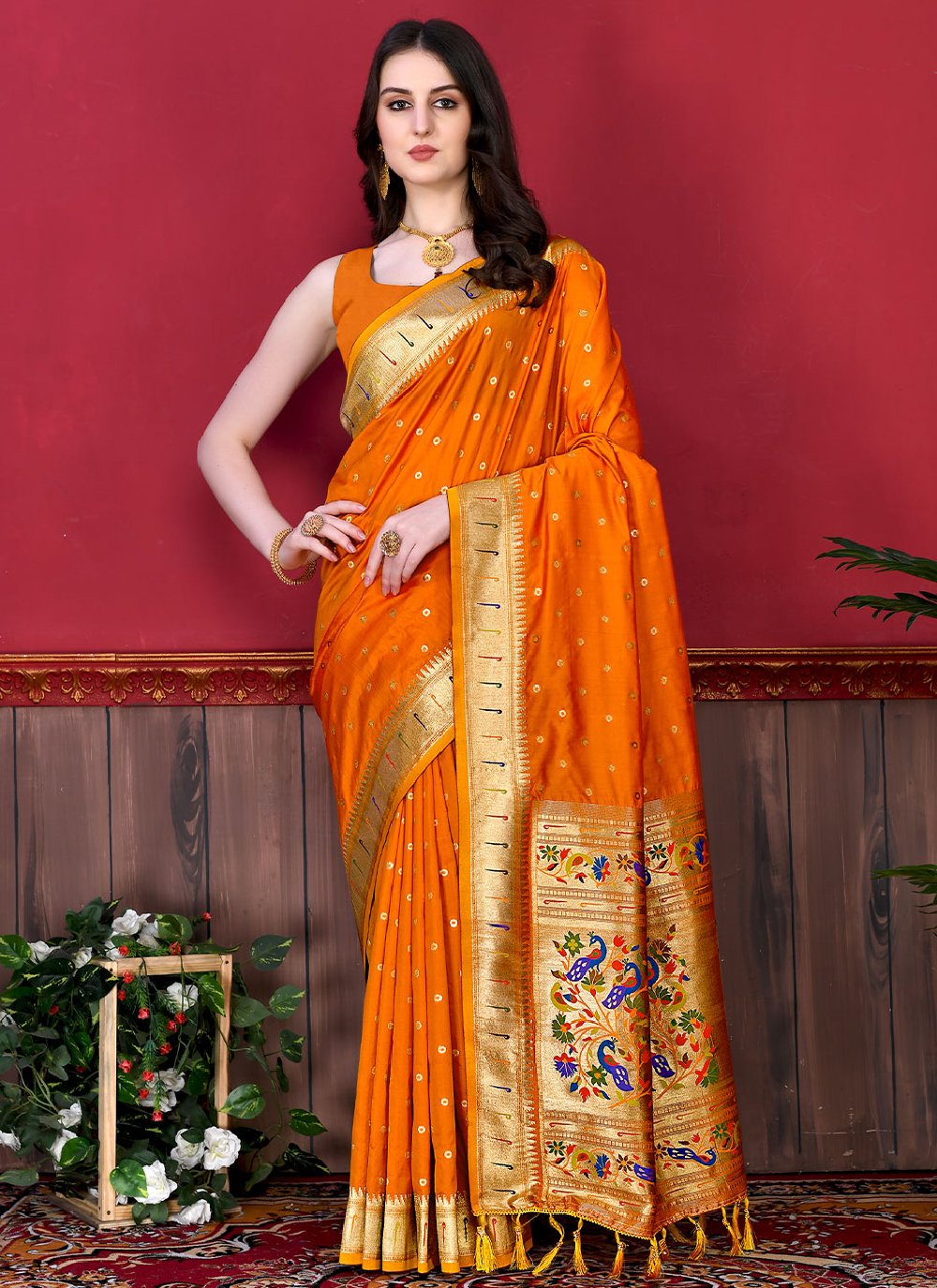 Traditional Saree Silk Orange Patch Border Saree