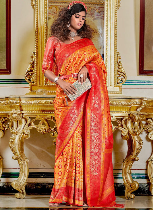 Trendy Saree Banarasi Silk Orange Weaving Saree