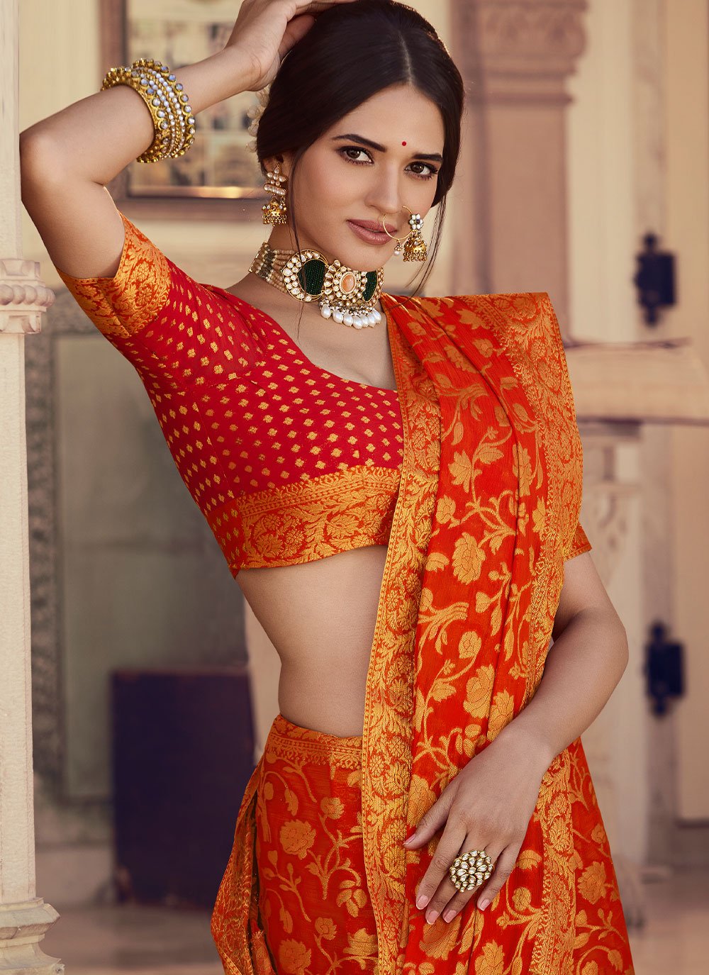 Trendy Saree Chiffon Silk Orange Weaving Saree