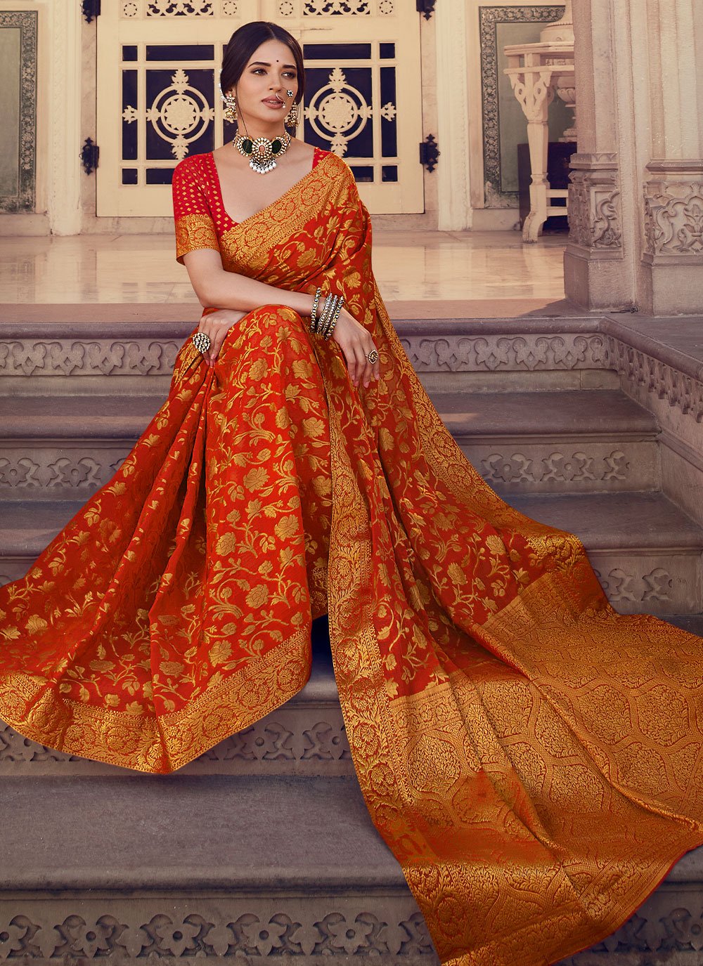 Trendy Saree Chiffon Silk Orange Weaving Saree