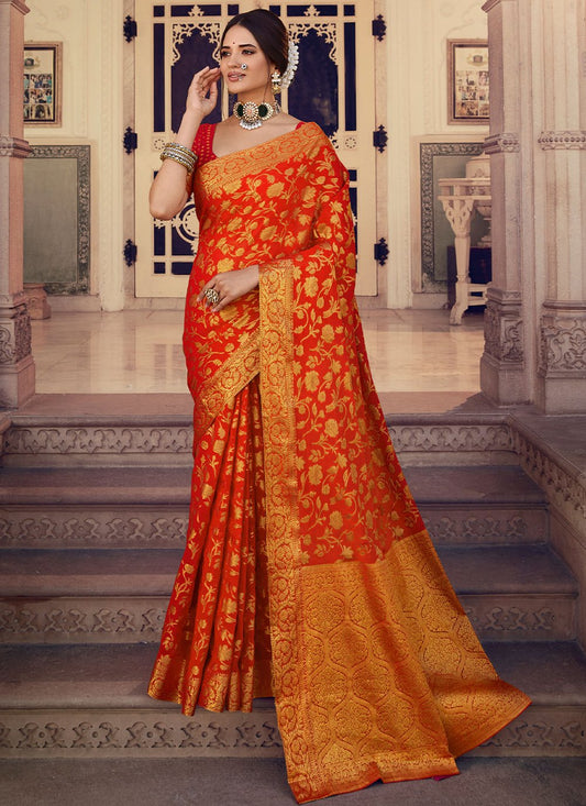 Trendy Saree Chiffon Silk Orange Weaving Saree