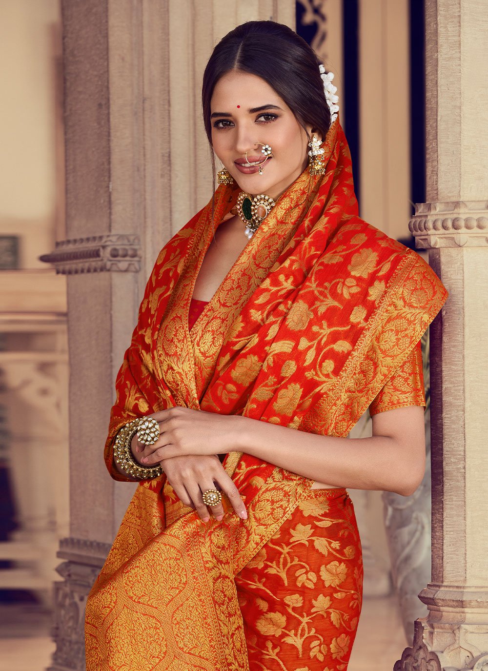 Trendy Saree Chiffon Silk Orange Weaving Saree