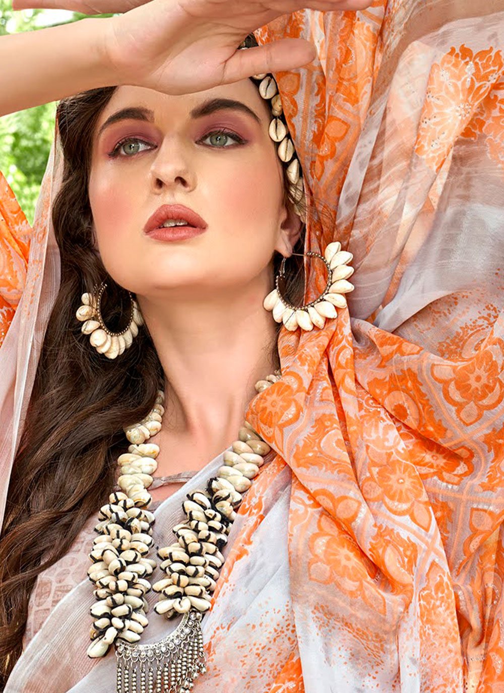 Contemporary Weight Less Orange Floral Patch Saree