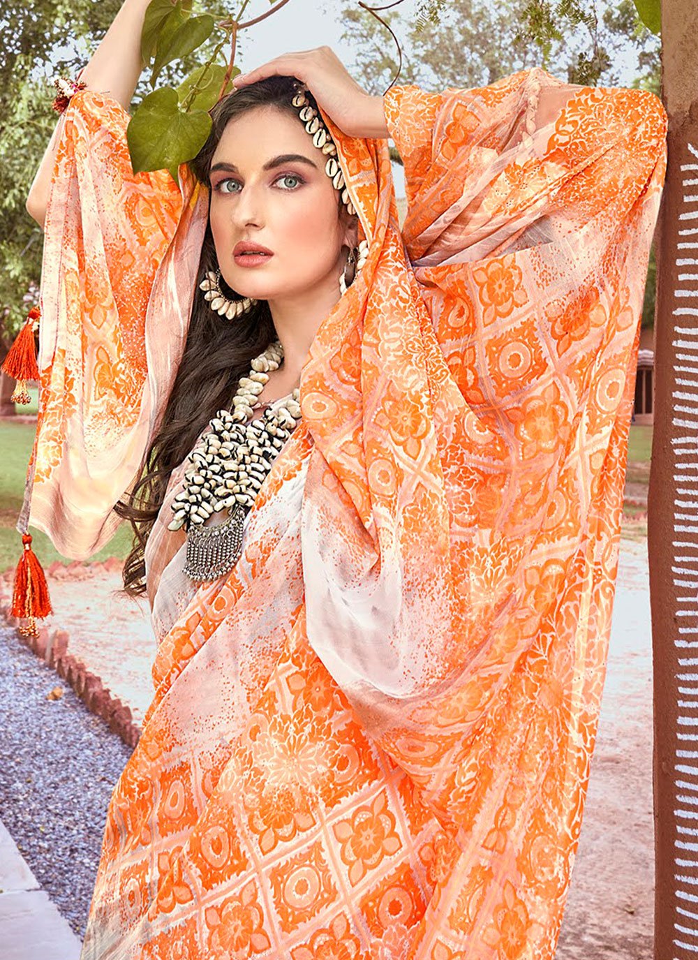Contemporary Weight Less Orange Floral Patch Saree