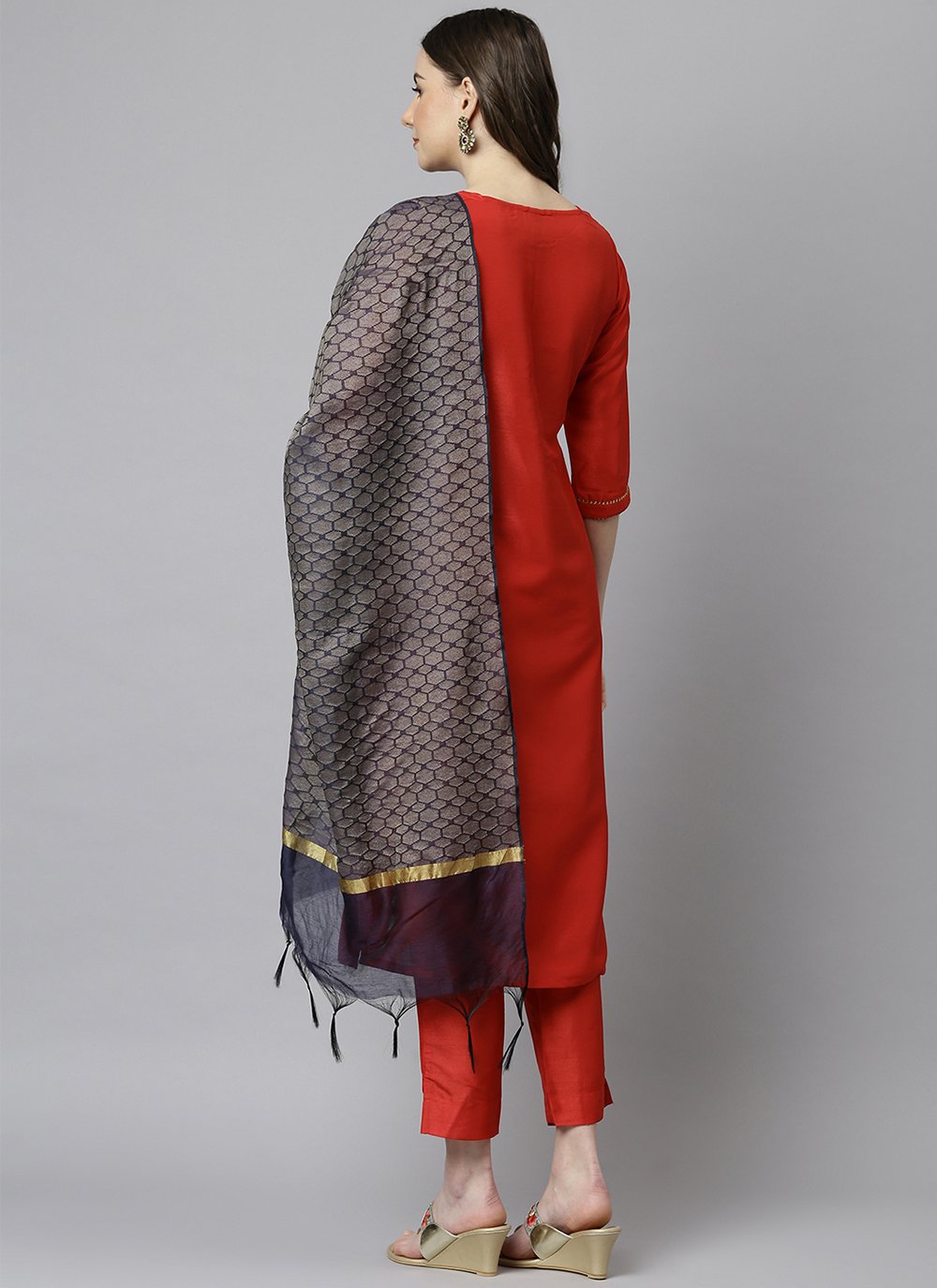 Straight Salwar Suit Art Silk Orange Woven Salwar Kameez