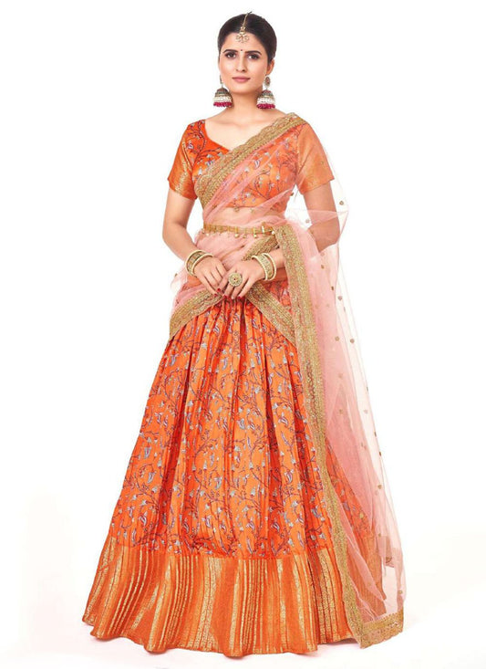 A Line Lehenga Silk Orange Digital Print Lehenga Choli