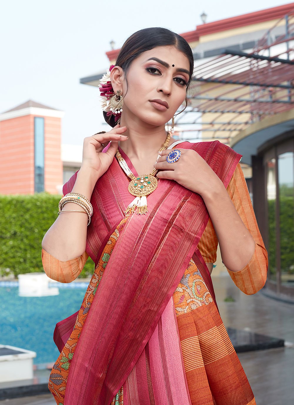 Contemporary Cotton Silk Orange Digital Print Saree