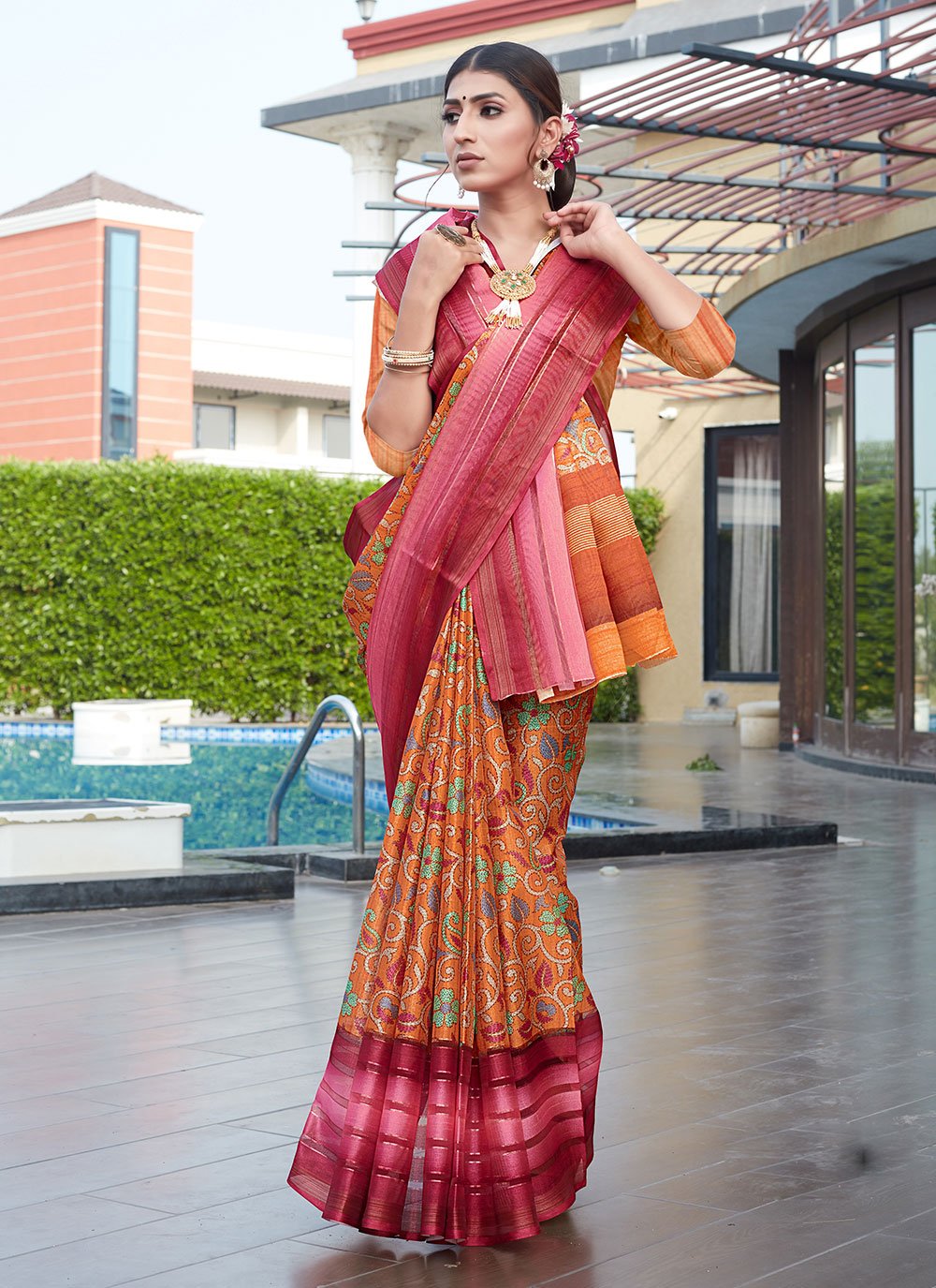 Contemporary Cotton Silk Orange Digital Print Saree