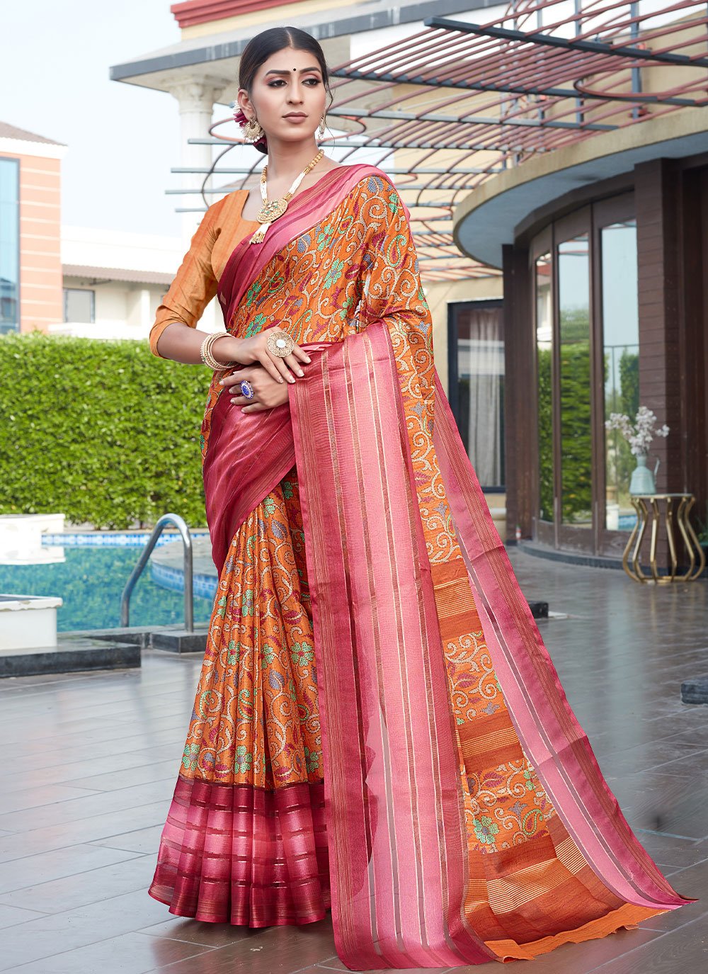 Contemporary Cotton Silk Orange Digital Print Saree