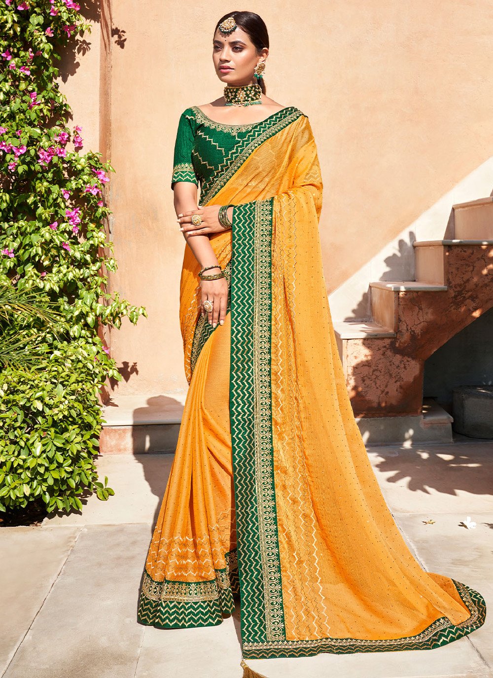 Contemporary Chiffon Orange Swarovski Saree