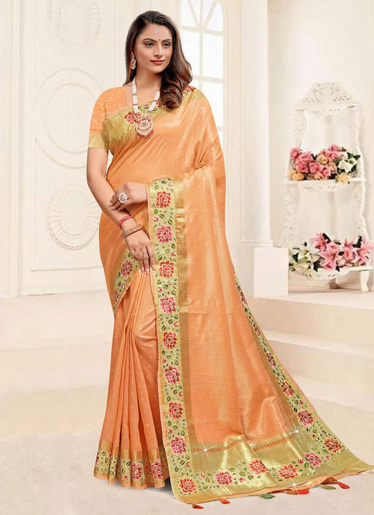 Contemporary Linen Tissue Orange Floral Patch Saree