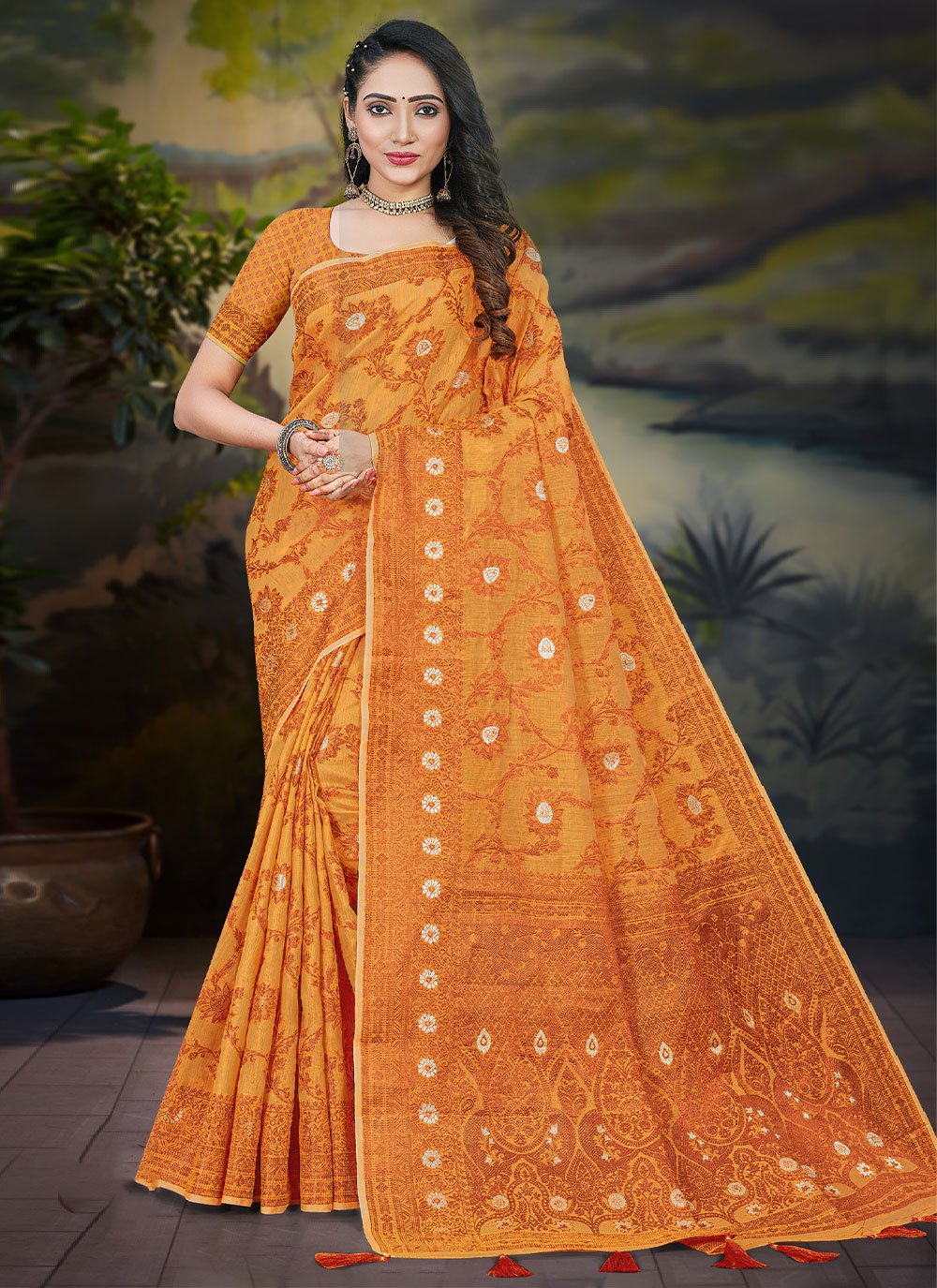 Classic Cotton Orange Zari Saree