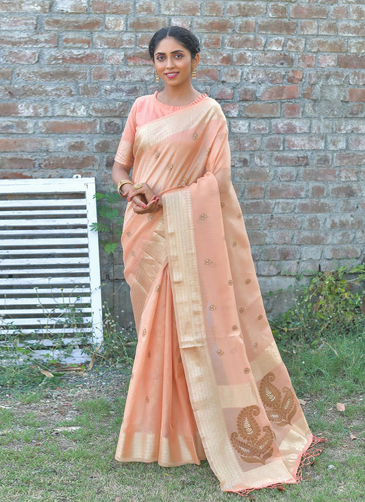 Trendy Saree Linen Tissue Orange Woven Saree