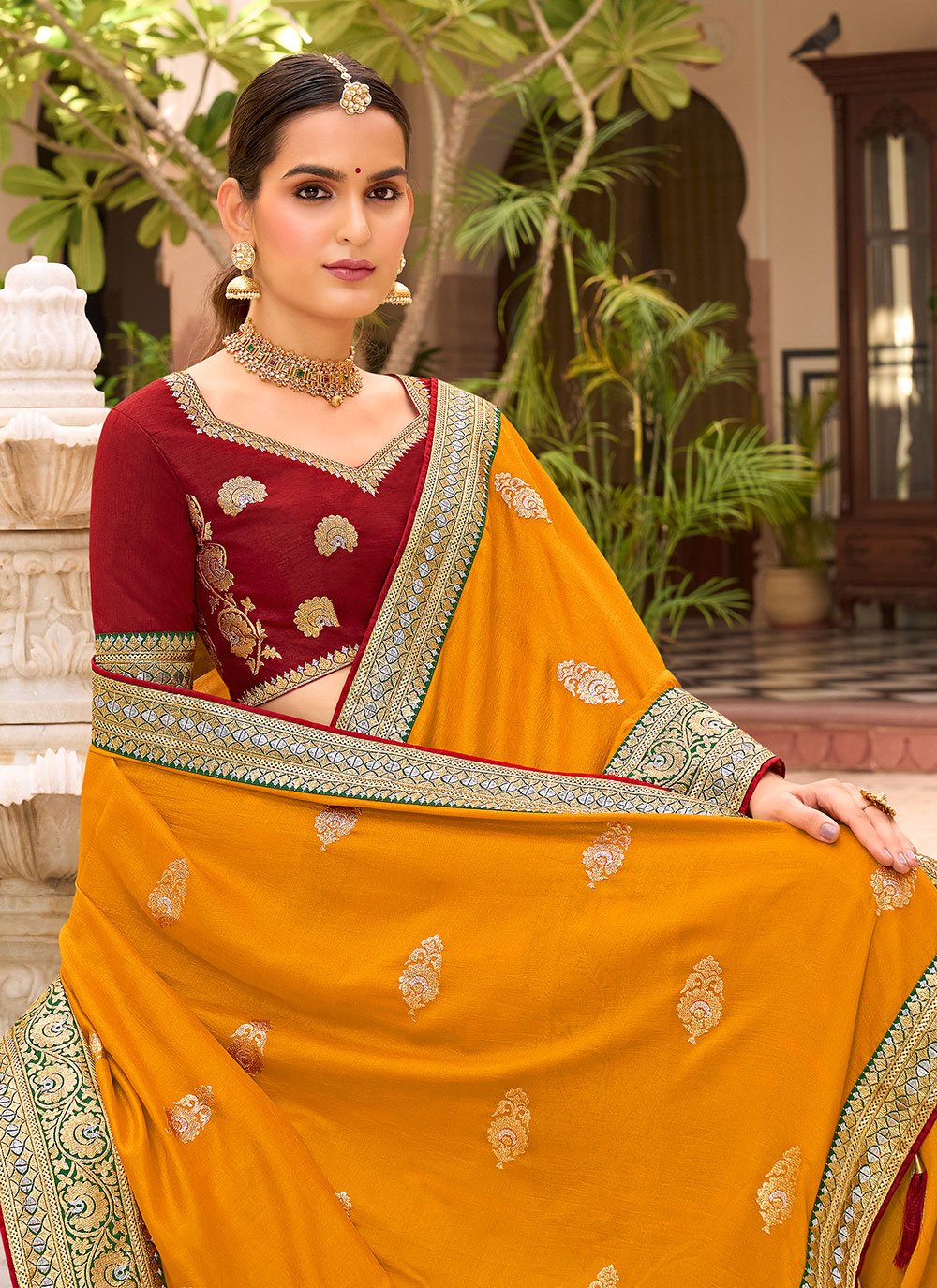 Designer Vichitra Silk Orange Embroidered Saree