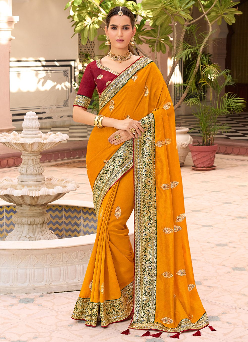 Designer Vichitra Silk Orange Embroidered Saree