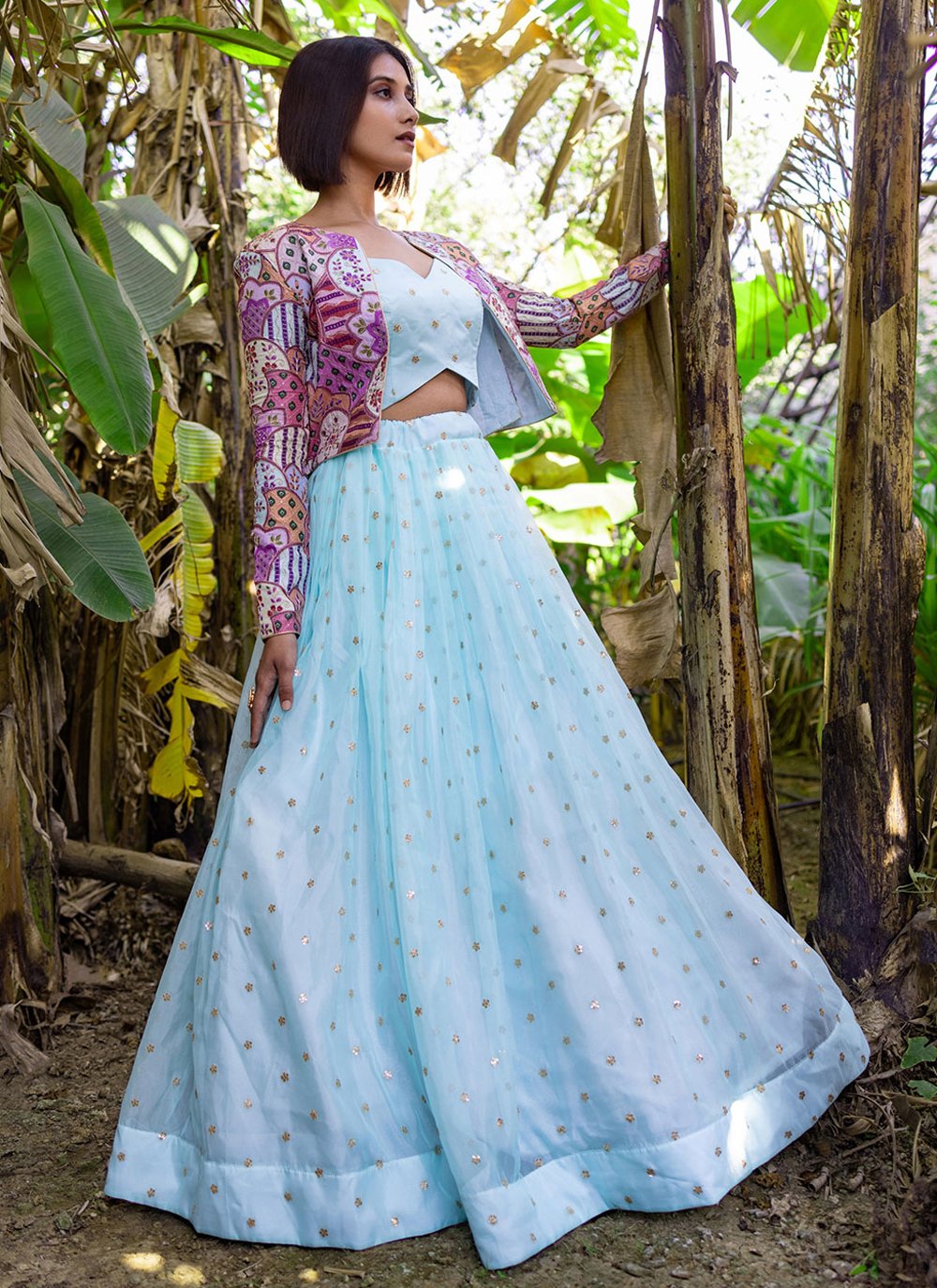 A Line Lehenga Organza Aqua Blue Embroidered Lehenga Choli