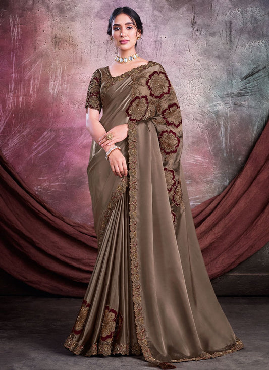 Contemporary Crepe Silk Organza Brown Applique Work Saree