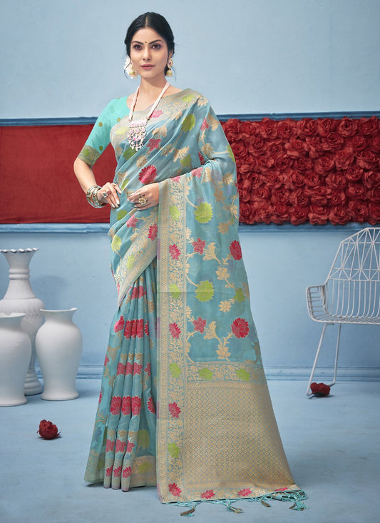 Designer Organza Aqua Blue Fancy Work Saree