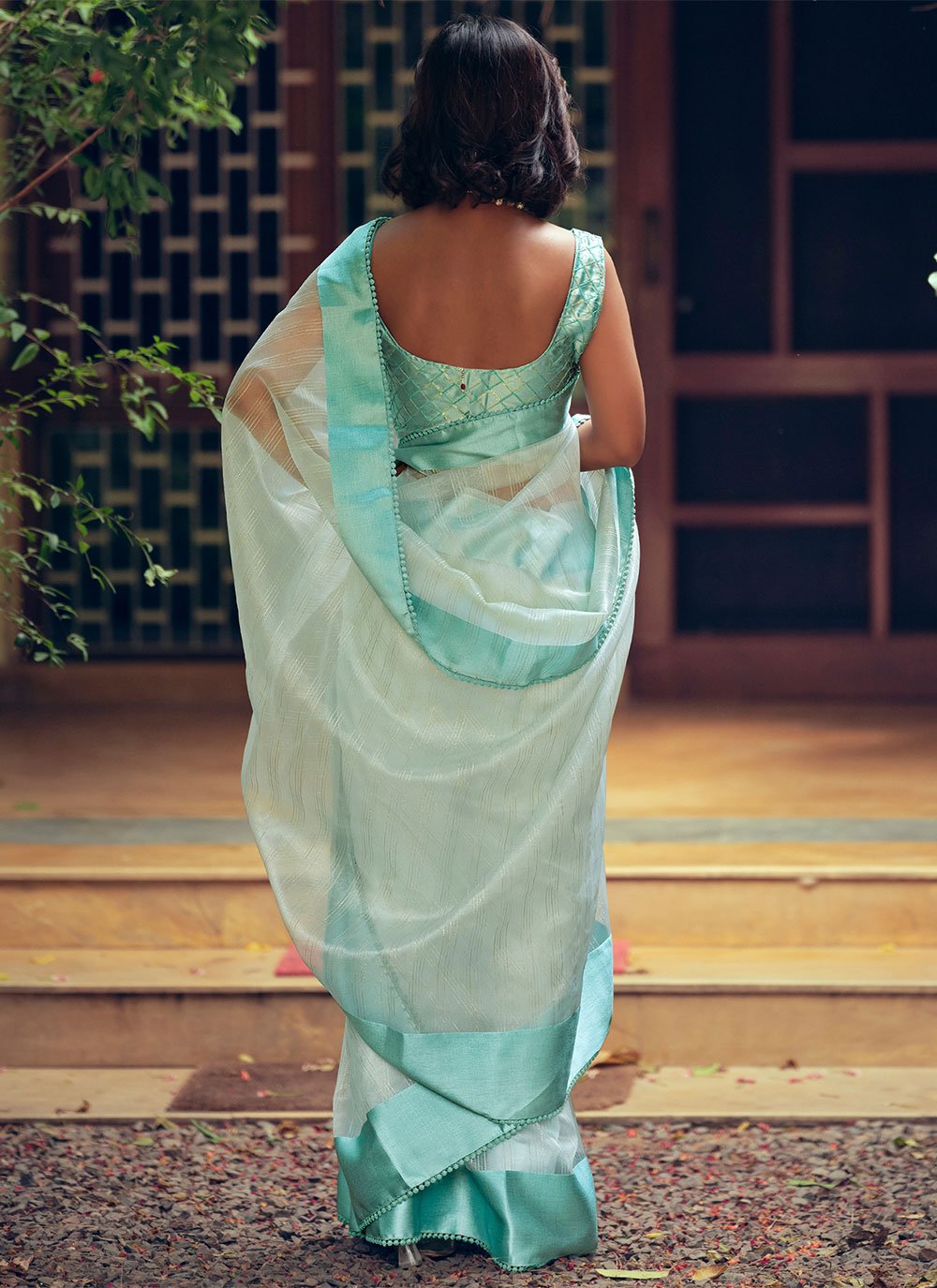 Designer Organza Aqua Blue Woven Saree