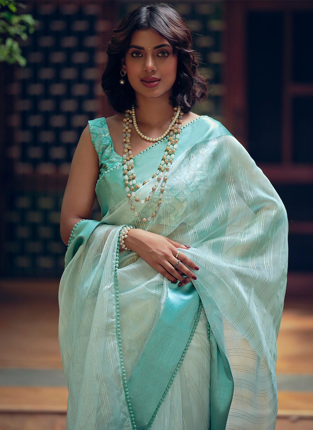 Designer Organza Aqua Blue Woven Saree