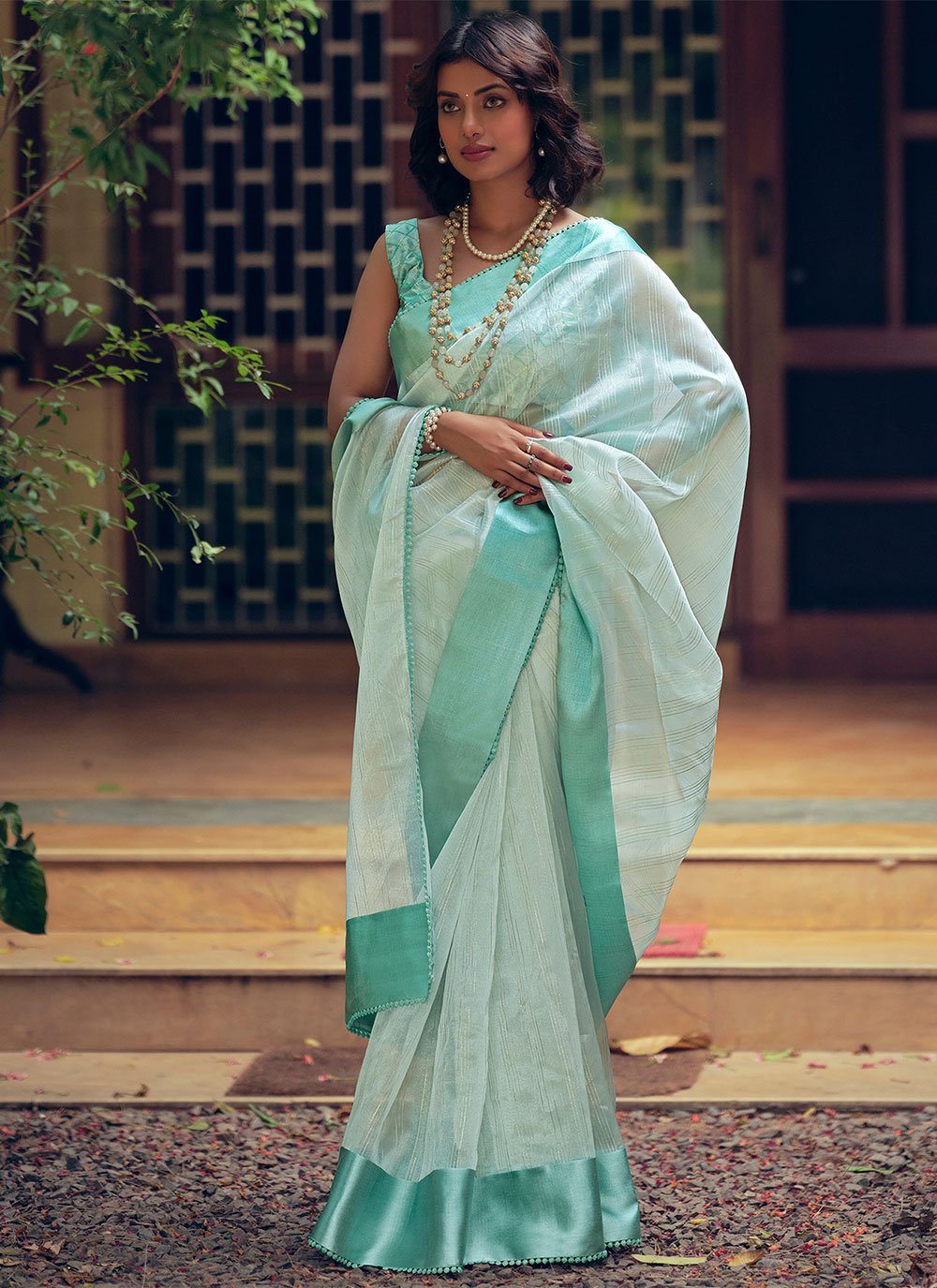 Designer Organza Aqua Blue Woven Saree