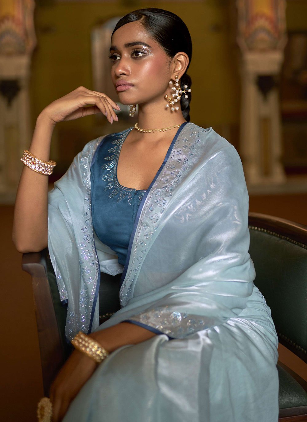 Classic Organza Aqua Blue Lace Saree