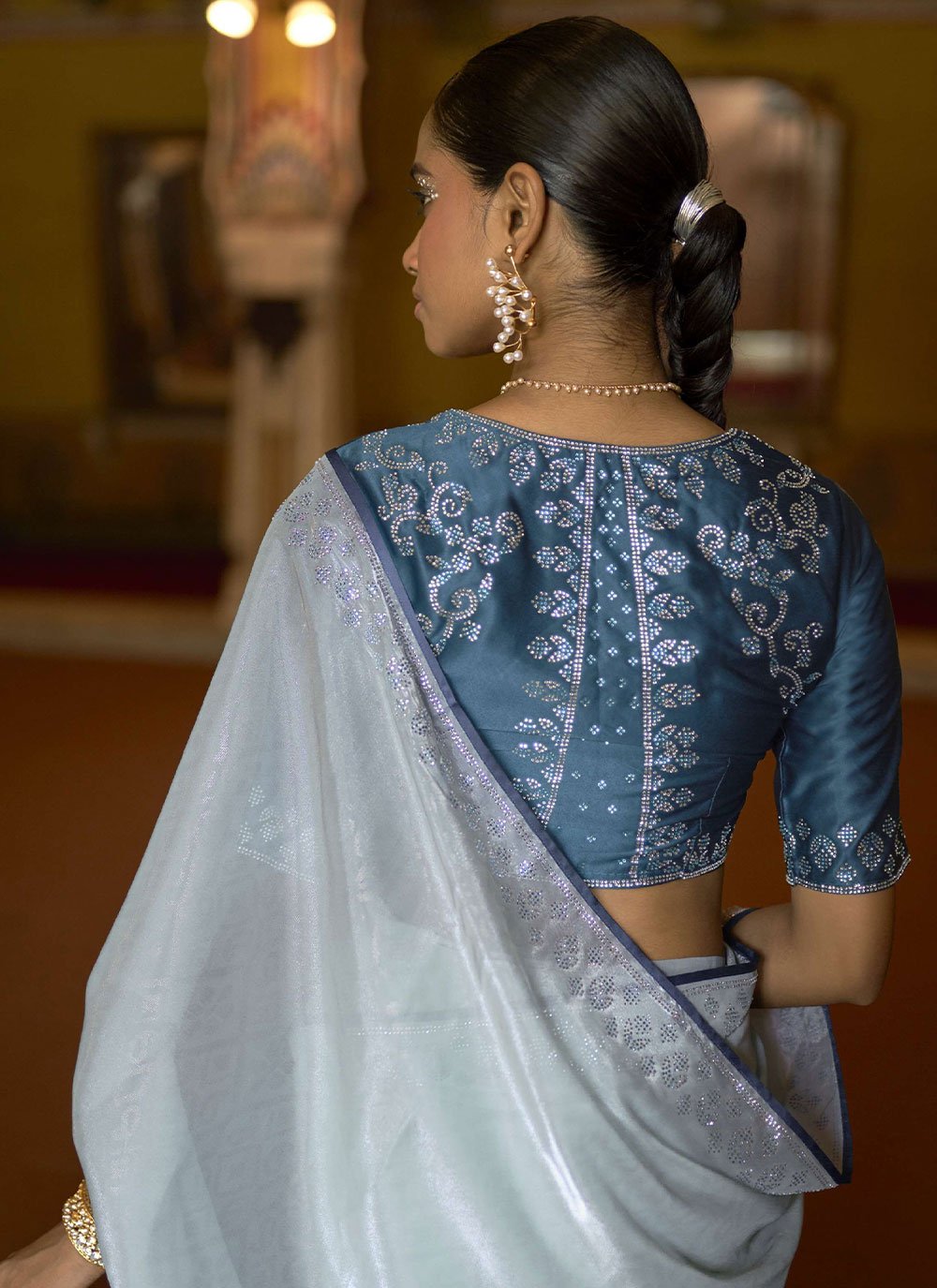 Classic Organza Aqua Blue Lace Saree