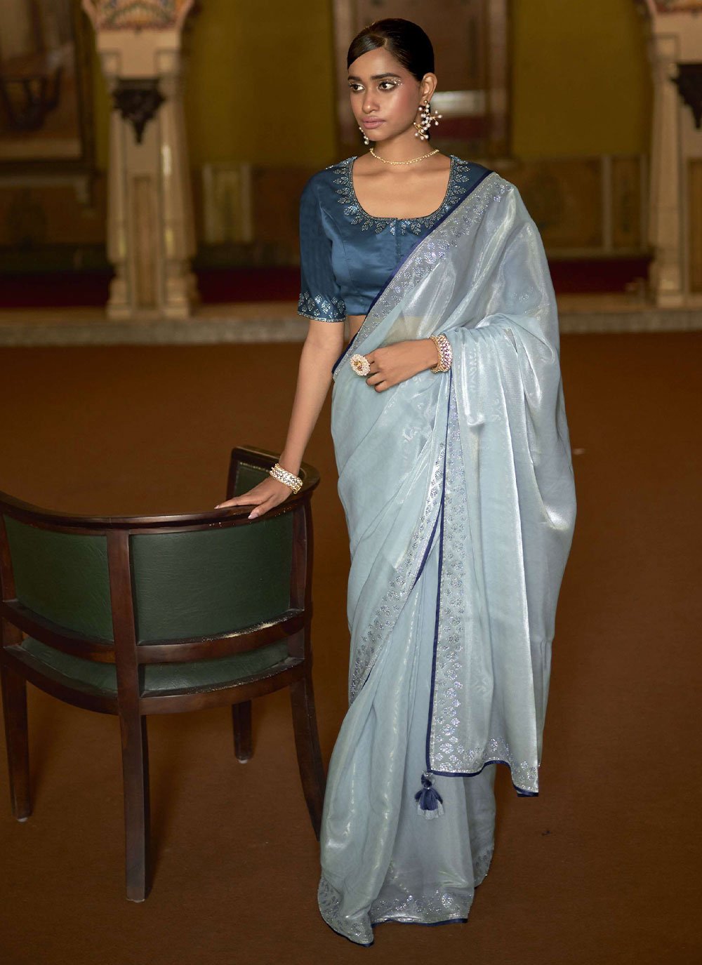 Classic Organza Aqua Blue Lace Saree