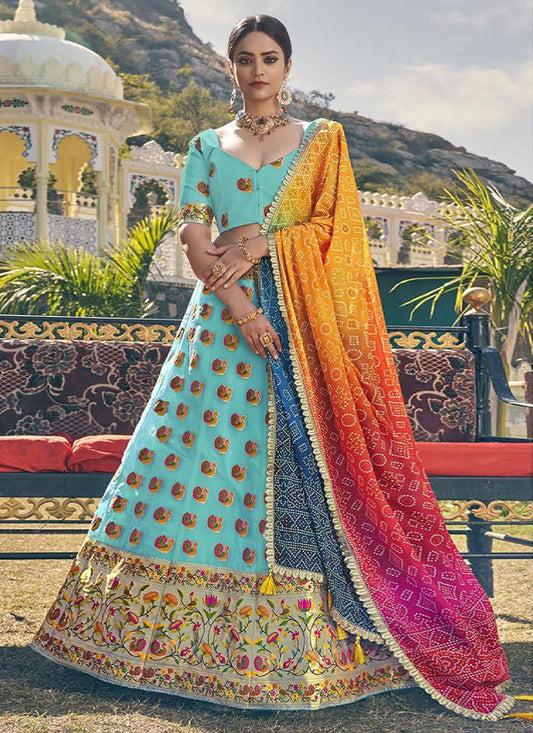 Lehenga Choli Organza Aqua Blue Weaving Lehenga Choli