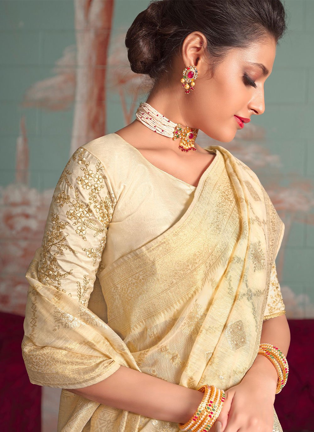 Contemporary Organza Beige Embroidered Saree