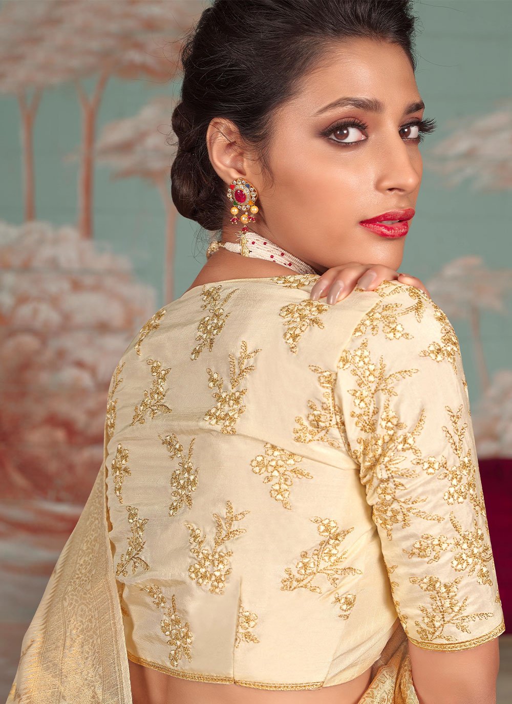 Contemporary Organza Beige Embroidered Saree