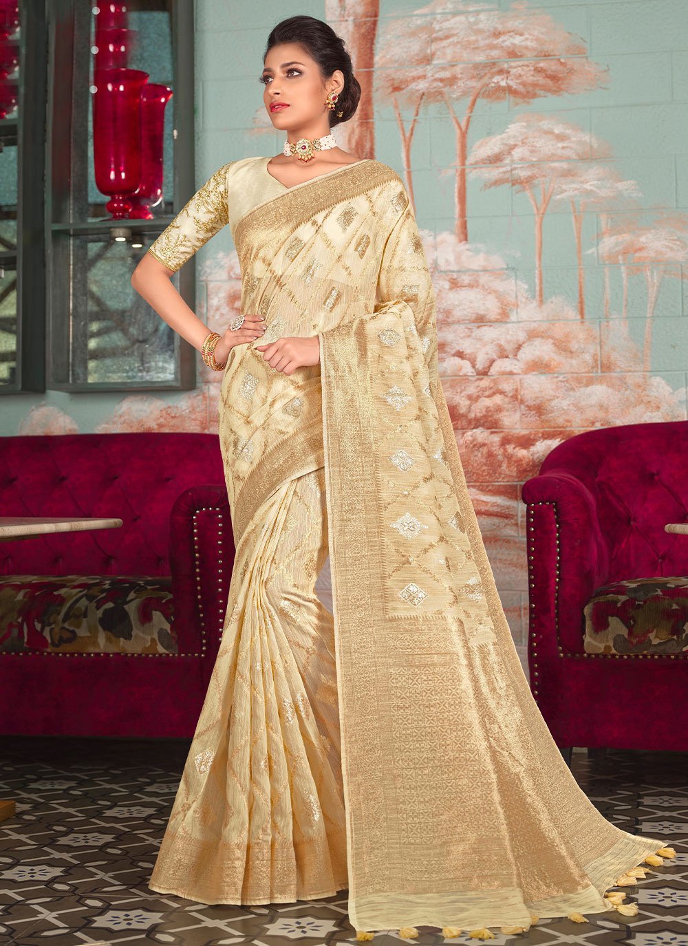 Contemporary Organza Beige Embroidered Saree