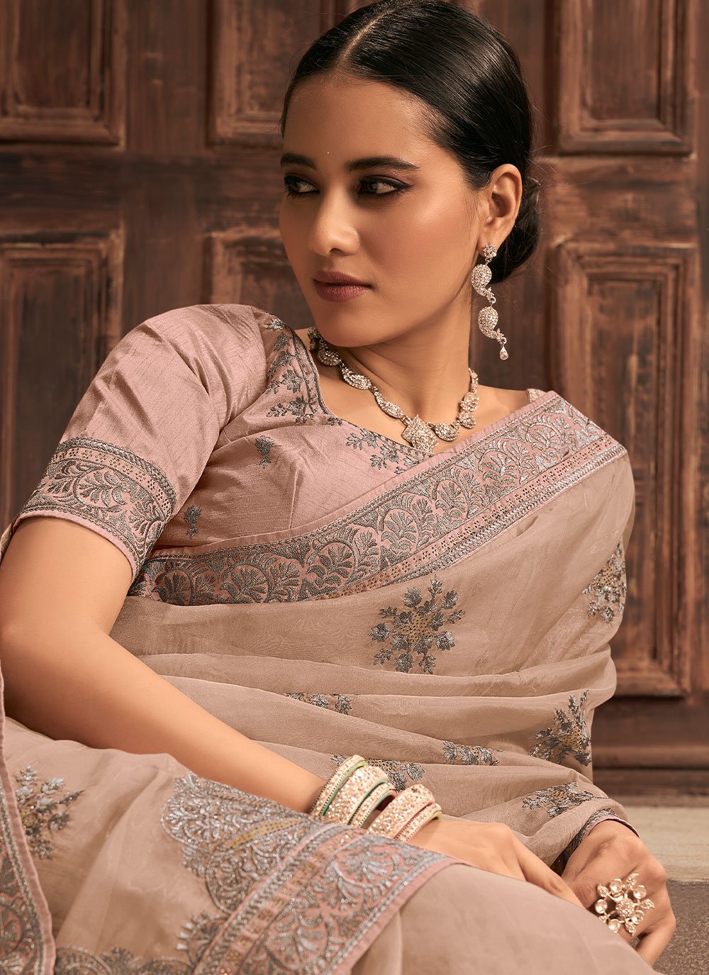 Classic Organza Beige Embroidered Saree