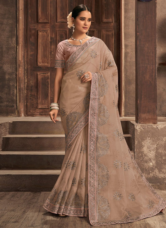 Classic Organza Beige Embroidered Saree