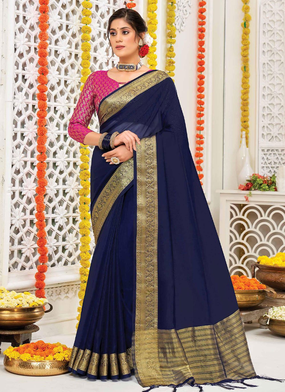 Classic Organza Silk Blue Patch Border Saree